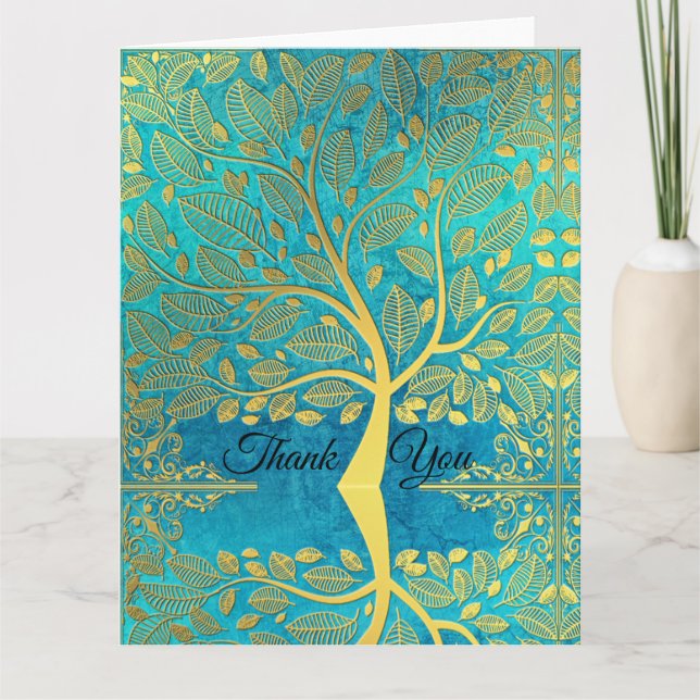 Gold tree reflection on Blue Peacock  Letterpress Thank You Card (Front)
