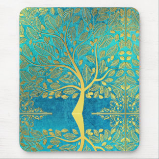 Gold tree reflection on Blue Peacock Mouse Pad