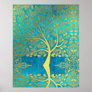 Gold tree reflection on Blue Peacock  Poster