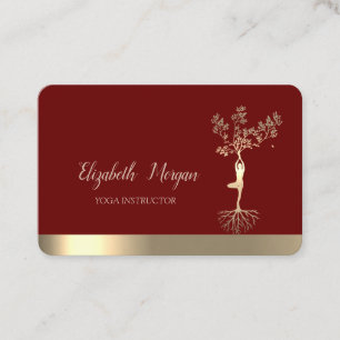 Gold Tree Silhouette,Burgundy Yoga Business Card