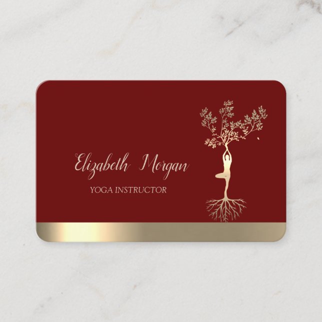Gold Tree Silhouette,Burgundy Yoga  Business Card (Front)