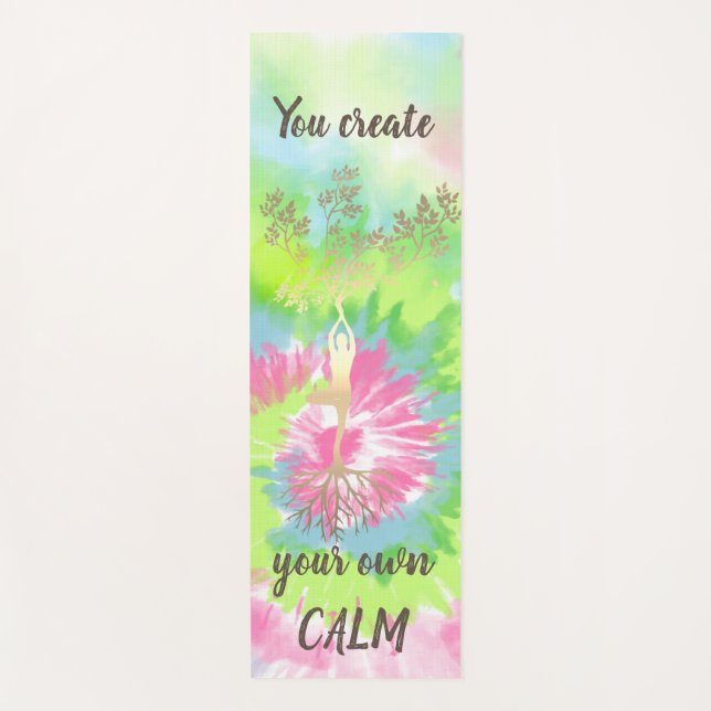 Gold Tree Silhouette,Colorful Rainbow Tie Dye Yoga Mat (Front)