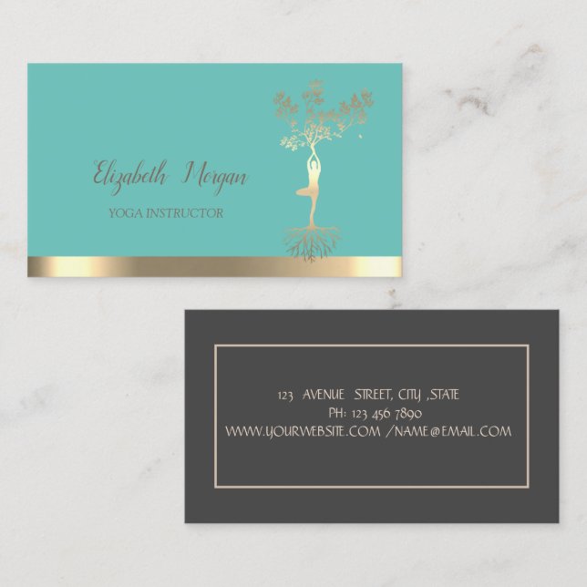 Gold Tree Silhouette,Mint Green Yoga Instructor Business Card (Front/Back)