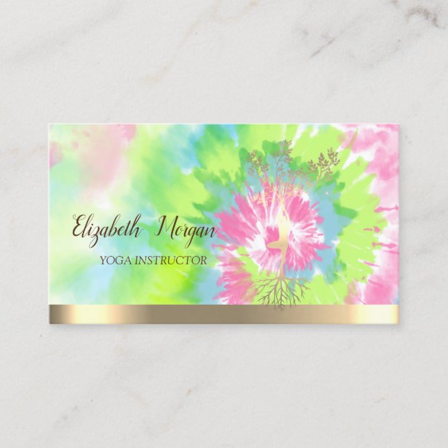 Gold Tree Silhouette,Yoga Colorful Tie Dye Business Card (Front)