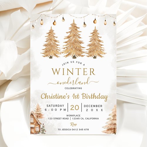 Gold Tree Winter Onederland Christmas Birthday  Invitation