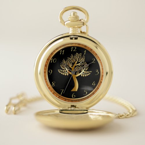 Gold Tree with gold lovers hearts as leaves  4 Pocket Watch
