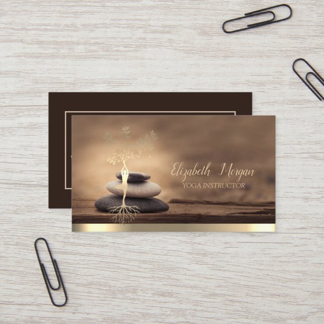 Gold Tree Woman Silhouette,Zen Stones Brown Business Card (Front/Back In Situ)