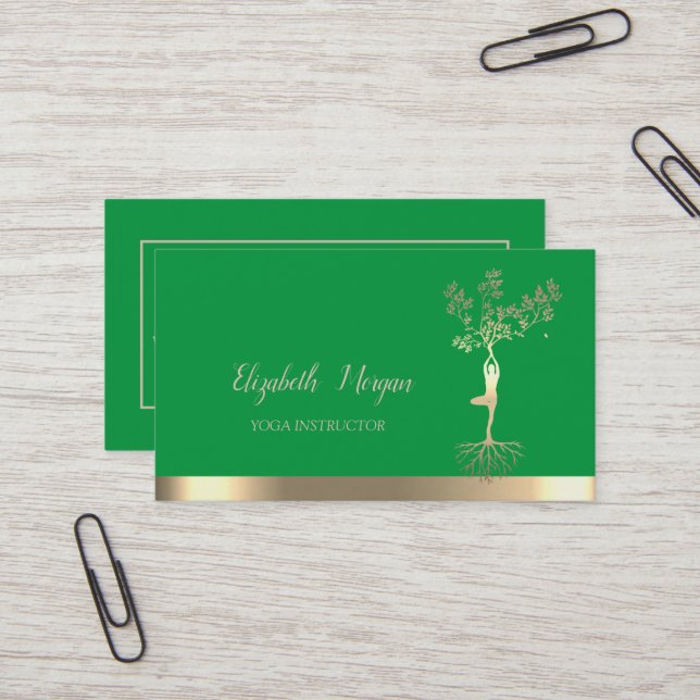 Gold Tree Women Silhouette,Green Yoga Instructor Business Card (Front/Back In Situ)