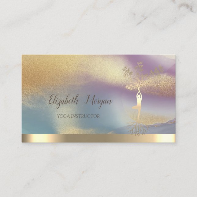 Gold Tree Women Silhouette Yoga Colorful Business Card (Front)