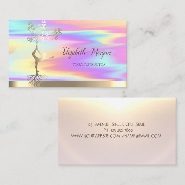 Gold Tree Women Silhouette Yoga Holographic Business Card (Front/Back)