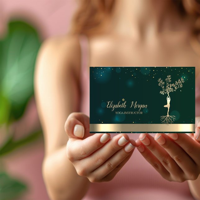 Gold Tree Women Silhouette Yoga Instructor Green Business Card (Creator Uploaded)