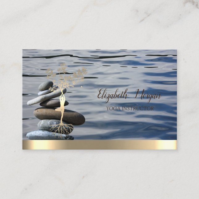 Gold Tree Women Silhouette,Zen Stones Beach Business Card (Front)