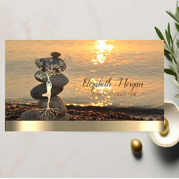 Gold Tree Women Silhouette Zen Stones Sunset Beach Business Card by Biglibigli at Zazzle