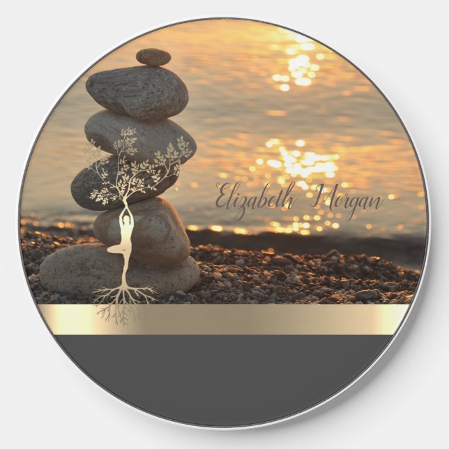 Gold Tree Women Silhouette,Zen Stones Sunset Beach Wireless Charger (Front)