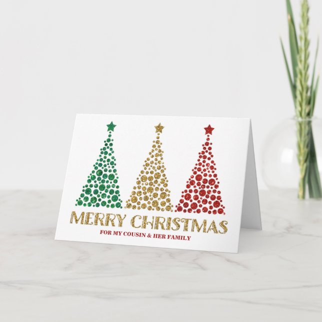 Gold Trees Cousin & Family Merry Christmas Card (Front)