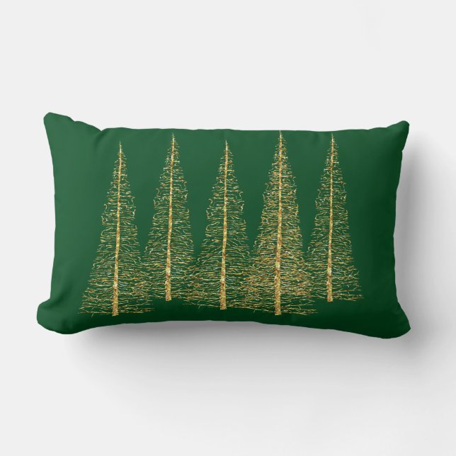 Gold Trees on Green Christmas Lumbar Throw Pillow (Front)