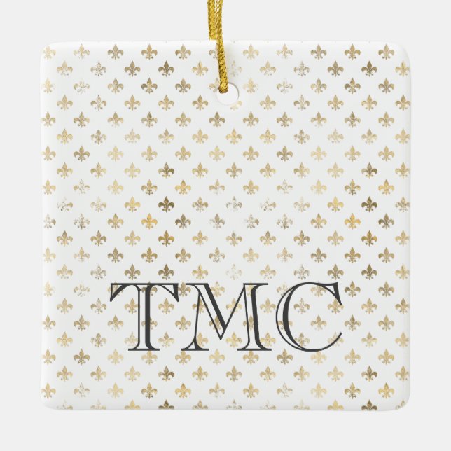 Gold Trefoil Black Initials French Glam Distressed Ceramic Ornament (Front)