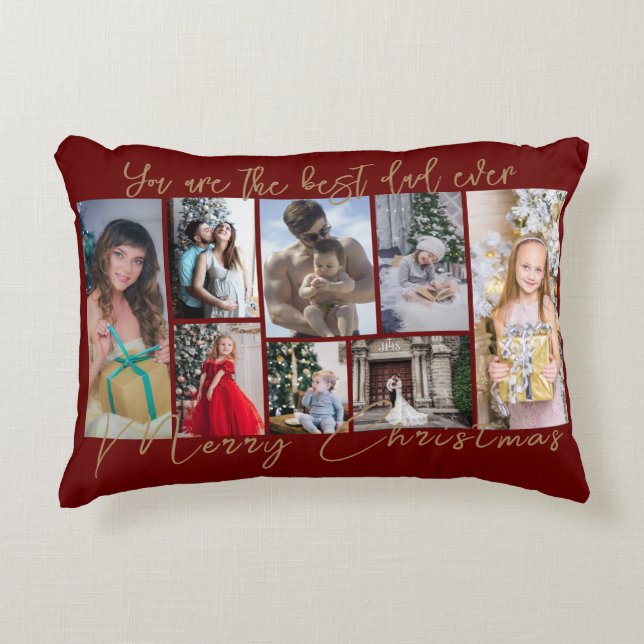Gold Trendy Family Merry Christmas Photo Collage Accent Pillow (Front)