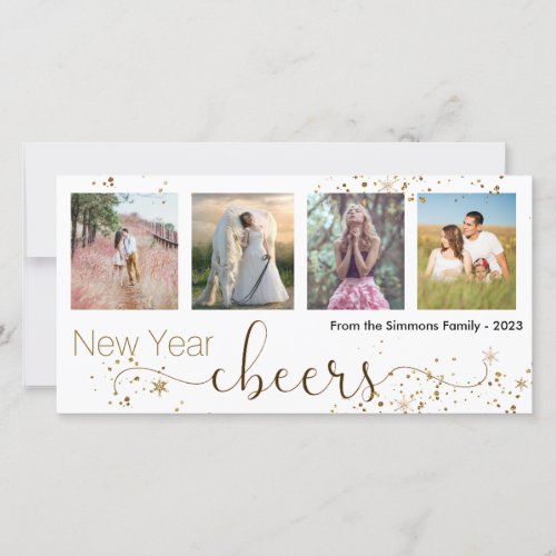 Gold Trendy New Year Cheers Photo Collage Holiday Card