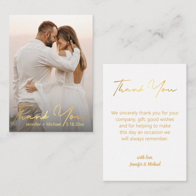 gold trendy script wedding  photo  thank you    note card (Front/Back)