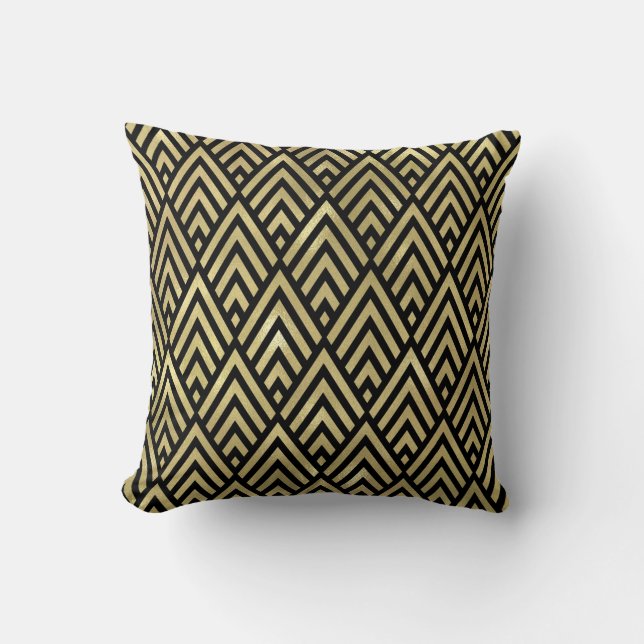 Gold Triangles Black Art Deco Geometry Diamons Throw Pillow (Front)