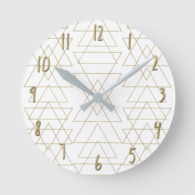 Gold Triangles Chic White Modern Glamor Round Clock (Front)