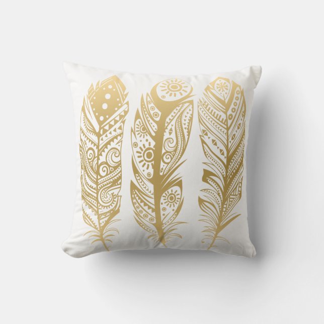 Gold Tribal Feather On White & Black Background Throw Pillow (Front)