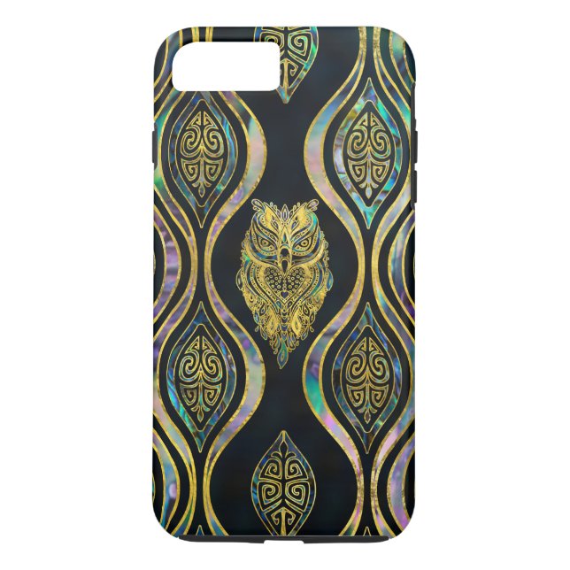 Gold Tribal Owl on Boho Abalone Pattern Case-Mate iPhone Case (Back)