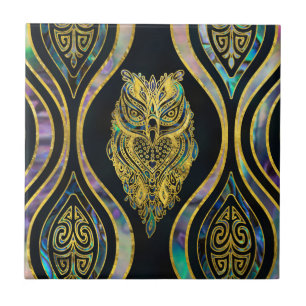 Gold Tribal Owl on Boho Abalone Pattern Ceramic Tile