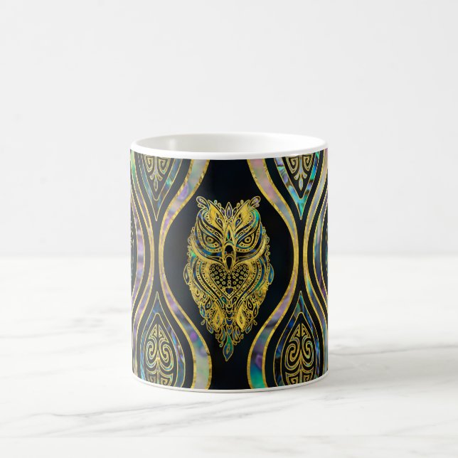 Gold Tribal Owl on Boho Abalone Pattern Coffee Mug (Center)
