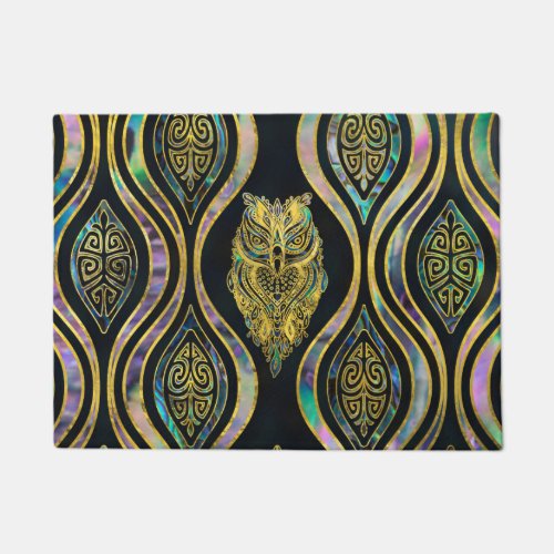 Gold Tribal Owl on Boho Abalone Pattern Doormat