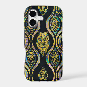 Gold Tribal Owl on Boho Abalone Pattern iPhone 17 Case