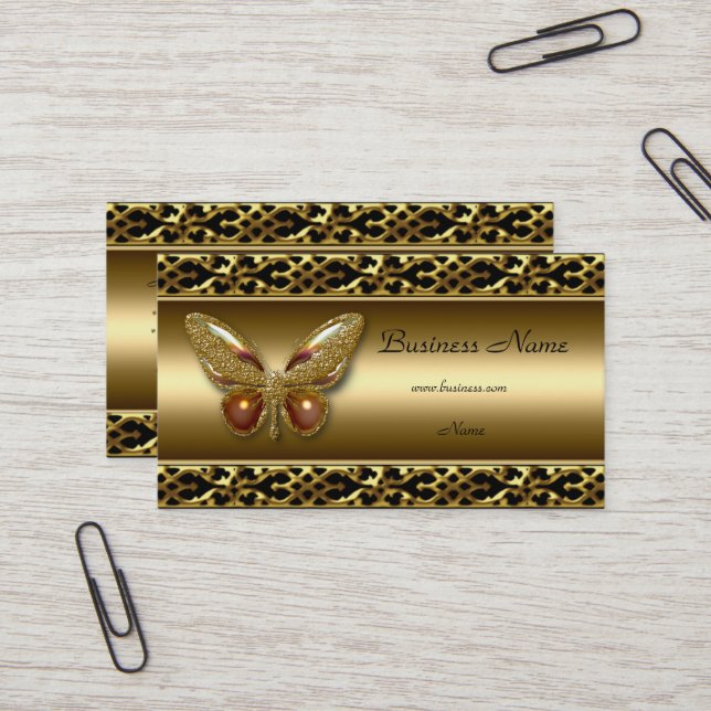 Gold Trim Black Butterfly Elegant Business Card (Front/Back In Situ)