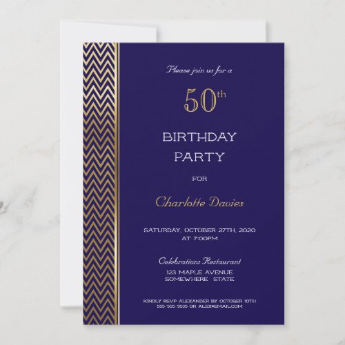 Gold Trim Blue 50th Birthday Party Invitation