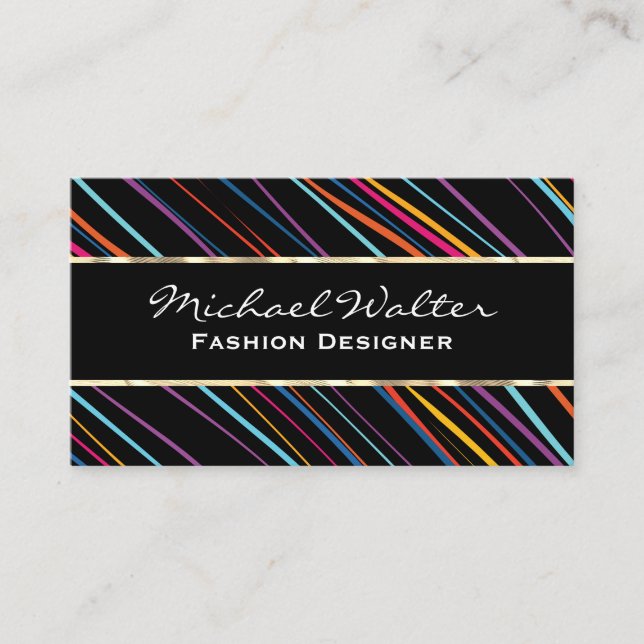 Gold Trim | Colorful Stylish Lines Business Card (Front)