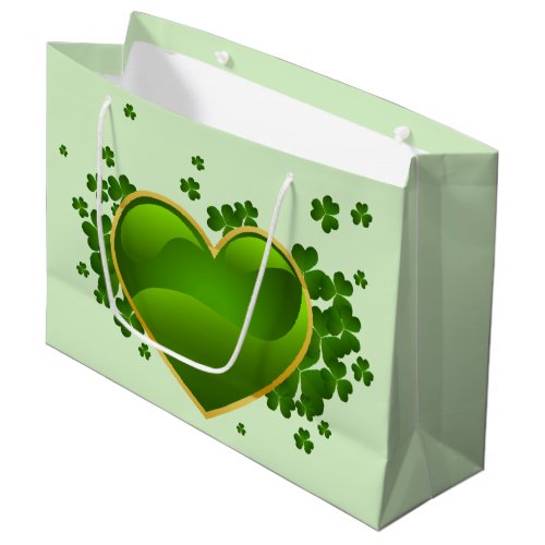 Gold_Trimmed Green Heart with Shamrocks Large Gift Bag