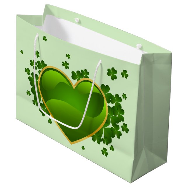 Gold-Trimmed Green Heart with Shamrocks Large Gift Bag (Front Angled)