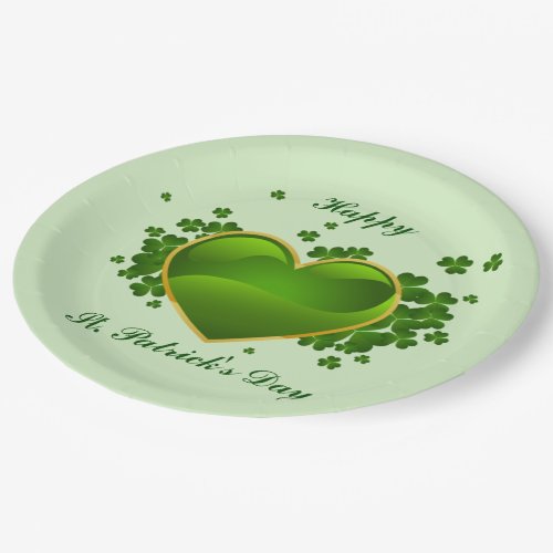 Gold_Trimmed Green Heart with Shamrocks Paper Plates
