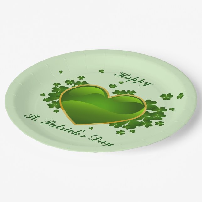 Gold-Trimmed Green Heart with Shamrocks Paper Plates (Angled)