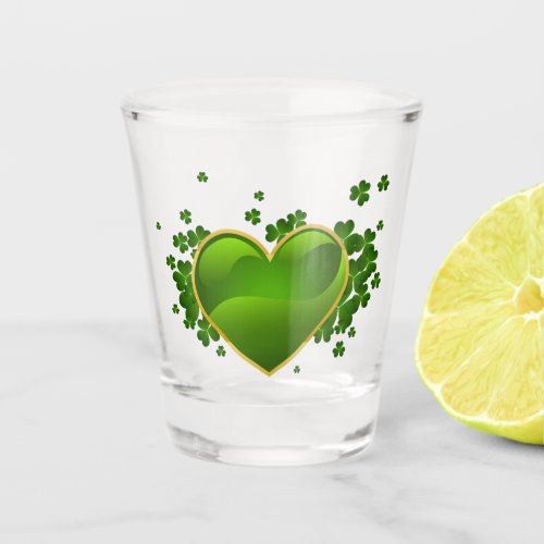 Gold_Trimmed Green Heart with Shamrocks Shot Glass