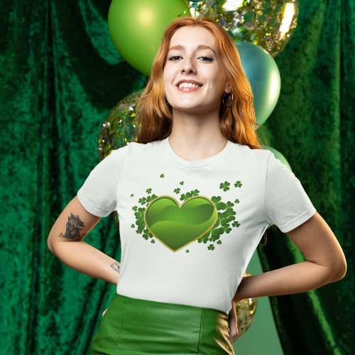 Gold_Trimmed Green Heart with Shamrocks T_Shirt