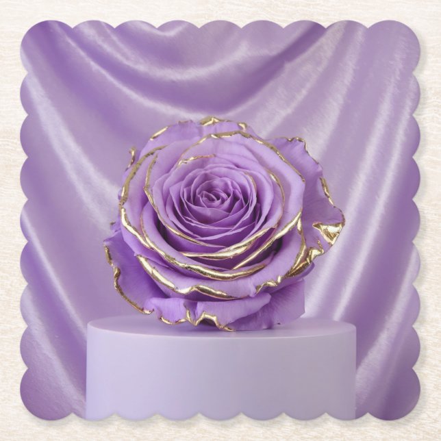 Gold Trimmed Purple Rose Lavender Coaster Set (Front)