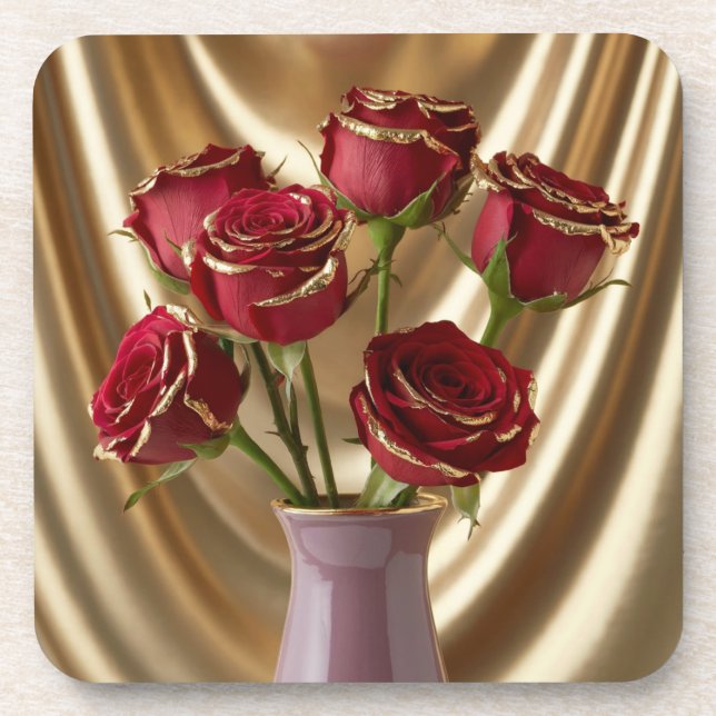 Gold Trimmed Red Roses Coaster Set (Front)