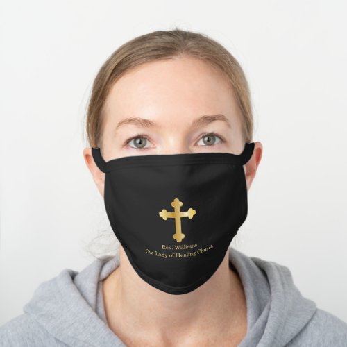 Gold Trinity Cross Pastor  Priest  Reverend Name Black Cotton Face Mask