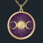 Gold Triple Moon Celestial Purple Monogram Gold Plated Necklace<br><div class="desc">This beautiful Celestial design features a gold triple moon with golden stars on a background of purple starry night sky. The triple moon is an ancient symbol representing the Goddess and the cycles of her life (Maiden,  Mother and Crone) Personalize with your monogram initial.</div>