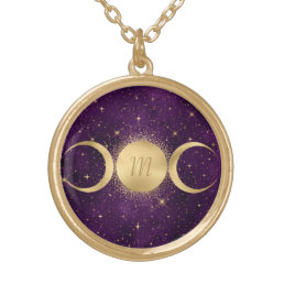 Gold Triple Moon Celestial Purple Monogram Gold Plated Necklace