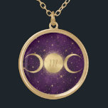 Gold Triple Moon Celestial Purple Monogram Plated Necklace<br><div class="desc">This beautiful Celestial design features a gold triple moon with golden stars on a background of purple starry night sky. The triple moon is an ancient symbol representing the Goddess and the cycles of her life (Maiden,  Mother and Crone) Personalize with your monogram initial.</div>