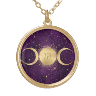 Gold Triple Moon Celestial Purple Monogram Plated Necklace