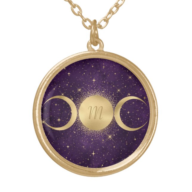 Gold Triple Moon Celestial Purple Monogram Plated Necklace (Front)