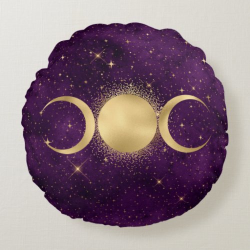 Gold Triple Moon Celestial Stars Purple Round Pillow
